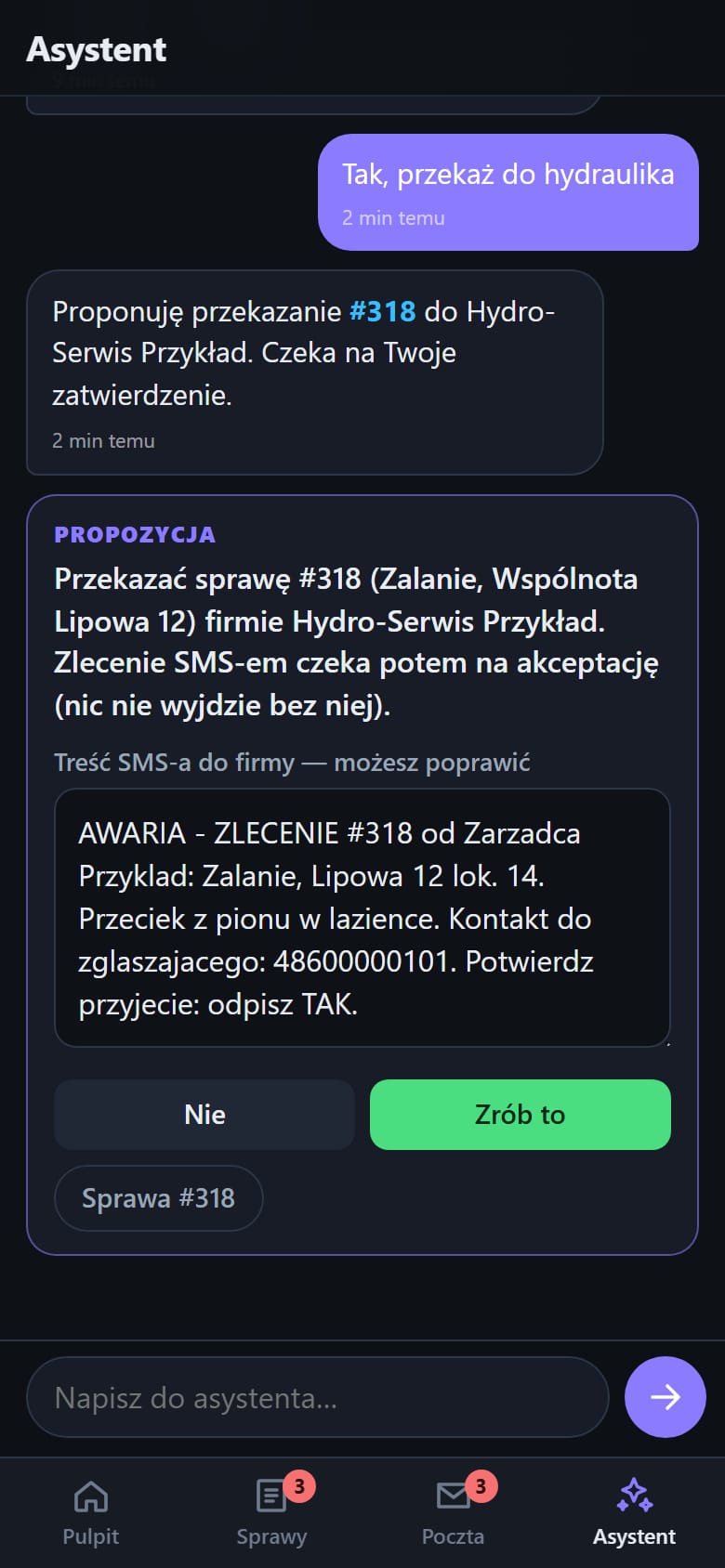 Asystent AI w aplikacji na telefon: propozycja przekazania sprawy wykonawcy z treścią SMS-a i przyciskami Nie oraz Zrób to