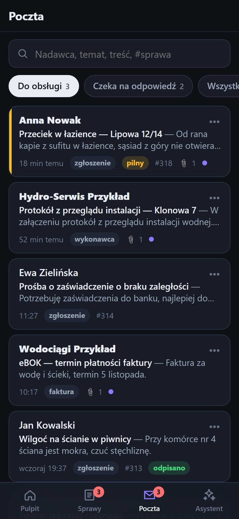 Poczta w aplikacji na telefon: listy z rozpoznanym rodzajem, numerem sprawy i oznaczeniem pilności