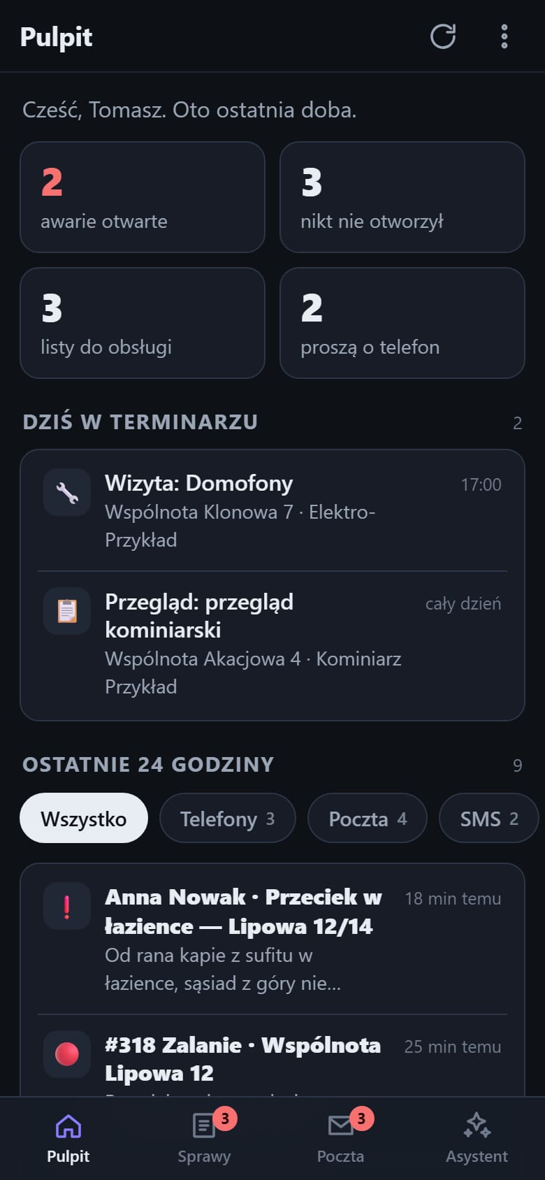 Pulpit aplikacji na telefonie: otwarte awarie, sprawy, których nikt nie otworzył, terminy na dziś i ostatnie 24 godziny